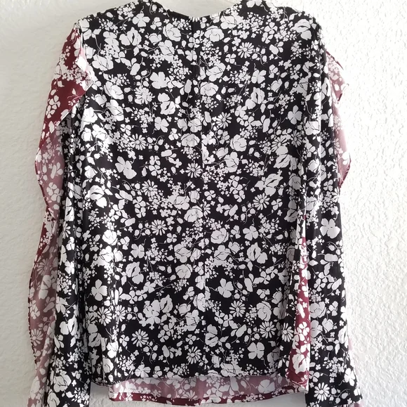 Yigal Azrouel Celosia Floral Round Neck Long Sleeve Black Maroon Blouse … - Picture 4 of 8